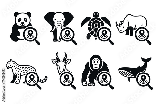 Wildlife conservation icon set. Vector black symbols of endangered animals and protection glyph illustrations