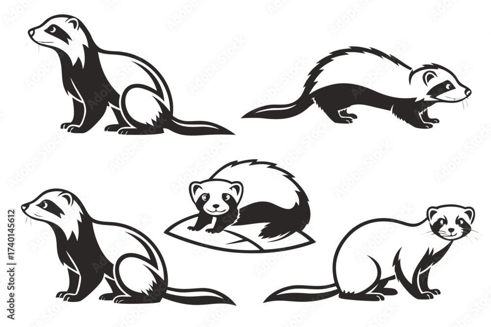 Fototapeta premium Minimalist cartoon ferret icon set with black yellow cyan magenta colors