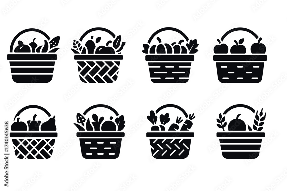 Fototapeta premium Fruit basket icon set. Vector black symbols of harvest, healthy food, and farm glyph illustrations