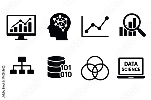 Data science icon set. Vector black symbols of analytics, ai, and machine learning glyph illustrations