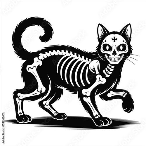 Spooky skeleton cat halloween graphic featuring skull face and rib cage design