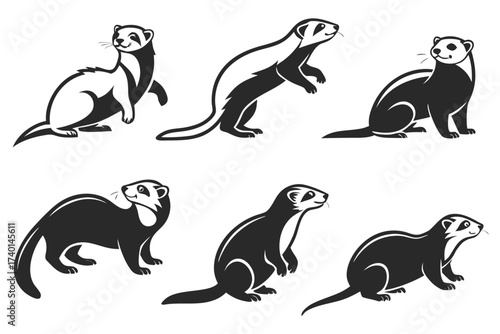 Minimalist cartoon ferret icon set in black yellow cyan magenta