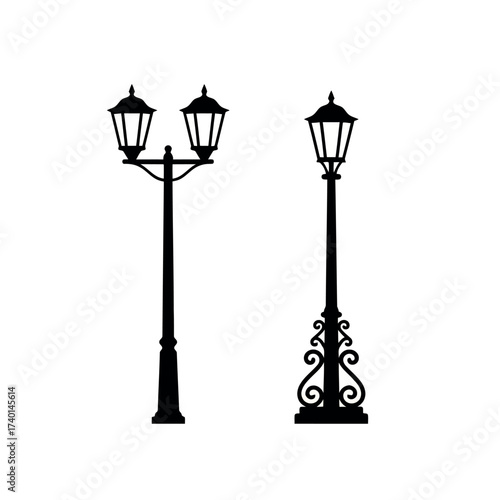 Two Black Silhouettes of Street Lamps One with Two Lanterns and Ornate Base lamp post lighting