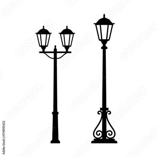 Two Black Silhouettes of Street Lamps, One Double- Headed and One Single- Headed lamppost light