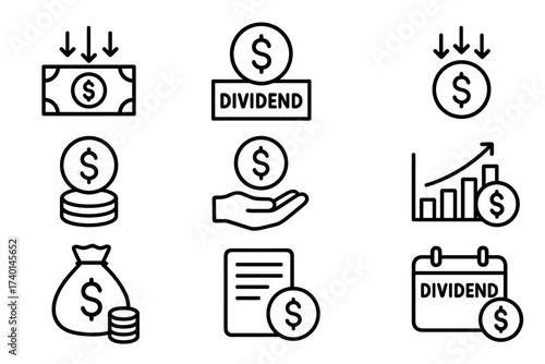 Dividend icon set. Vector black symbols of investment, finance, and profit glyph illustrations