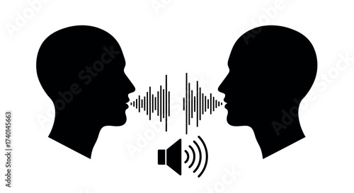 Two Silhouetted Heads Communicating with Sound Waves and Speaker Icon Keywords: communication, conversation, talking, speaking, listening, sound, audio, voice, sound waves, speech, dialogue