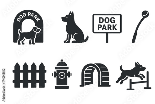 Dog park icon set. Vector black symbols of dog park entrance, sign, hydrant, and dog activities