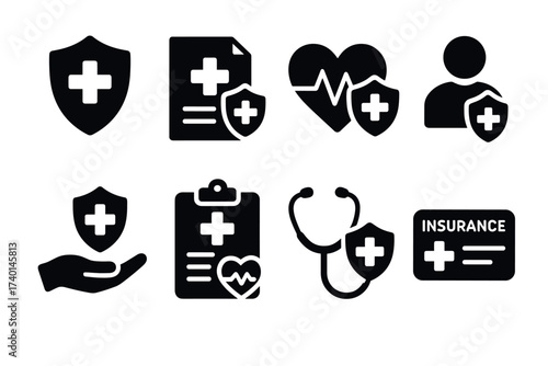 Health Insurance Icon Set. Vector black symbols of shield, card, stethoscope, and care glyph illustrations