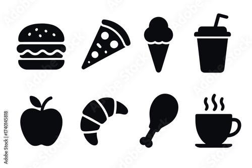 Fast food icon set. Vector black symbols of popular fast food items like burger, pizza, and ice cream