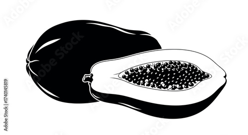 Whole and Halved Papaya Fruit Silhouette on White Background Keywords: papaya, fruit, tropical fruit, whole fruit, halved fruit, cut fruit, seeds, pulp, sweet, healthy, organic, food, nutrition