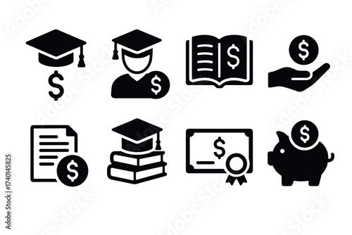 Scholarship icon set. Vector black symbols of graduation cap, scholarship, and educational funding