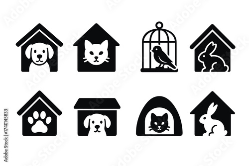 Pet house icon set. Vector black symbols of dog house, cat house, rabbit, and pet shelter