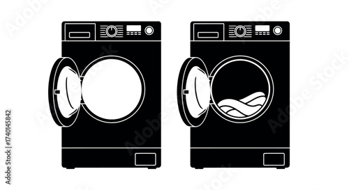 Washing Machine Icons Open Door Empty and With Clothes on White Background laundry appliance