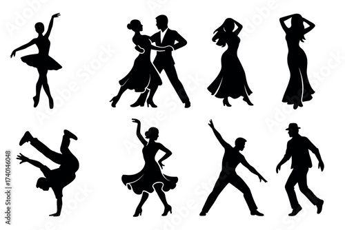 Dance icon set. Vector black symbols of ballet, hip hop, salsa, and dancing