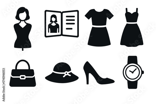 Fashion icon set. Vector black symbols of clothing, accessories, and outfits