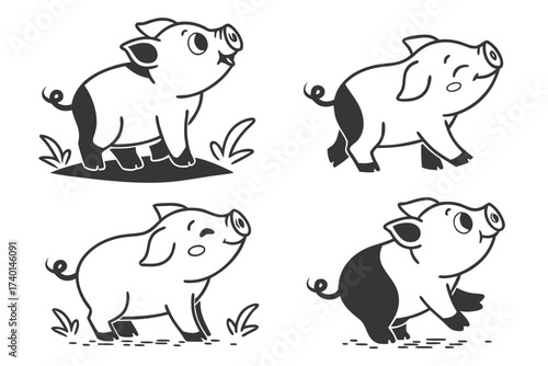 Cute cartoon piglet minimalist icon set