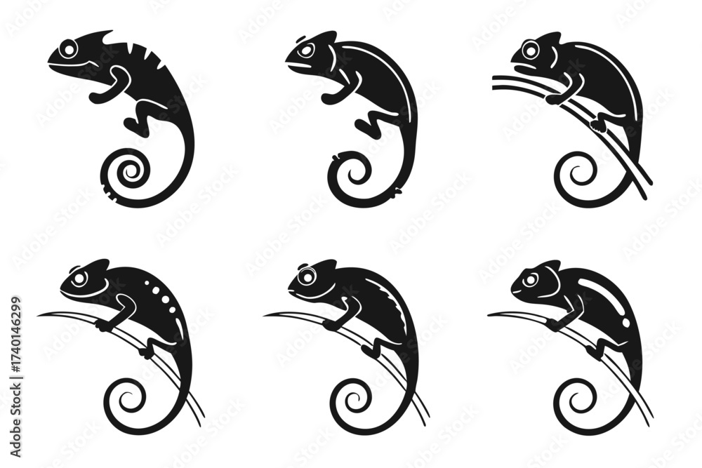 Fototapeta premium Eight minimalist chameleon icons in black and color