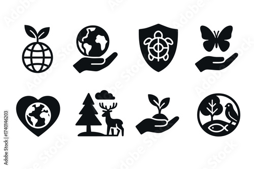 Environmental protection icon set. Vector black symbols of nature and sustainability