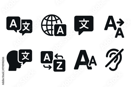 Translation and Accessibility Icon Set. Vector black symbols of language tools and captions glyph illustrations
