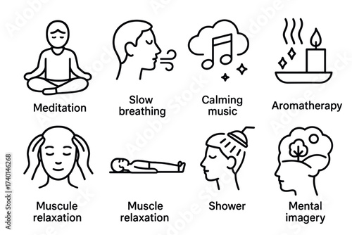 Relaxation and mental well-being icon set. Vector black symbols of stress-relief techniques
