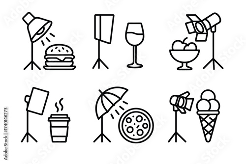 Food photography lighting icon set. Vector black symbols of food photography setups