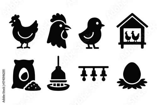 Farm and poultry icon set. Vector black symbols of chickens and egg production