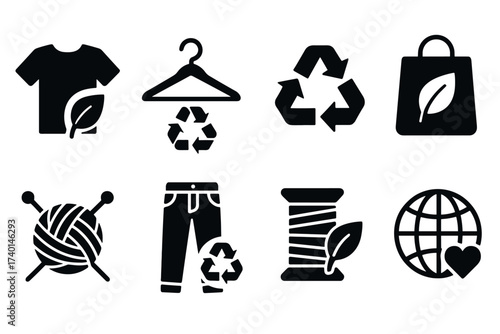 Sustainable Fashion Icon Set. Vector black eco clothing symbols of recycle, textile, yarn, shopping bag, and eco-friendly style illustrations
