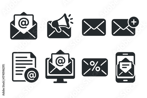Email Marketing Icon Set. Vector black symbols of message, newsletter, smartphone, and campaign glyph illustrations