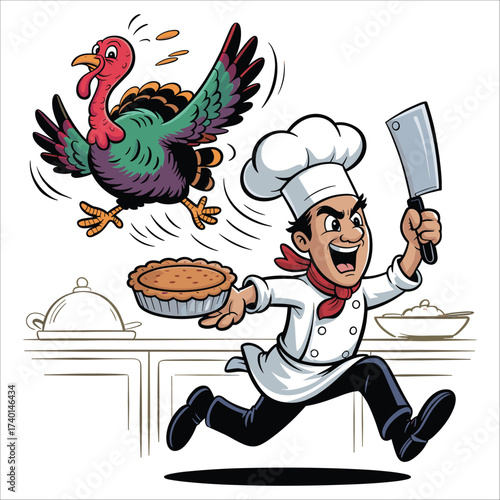 Furious chef chases runaway turkey with pie and cleaver in kitchen scene