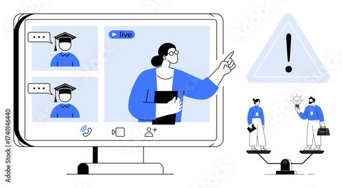 Teacher hosting virtual class on screen, two figures balancing ideas versus resources on a scale, exclamation mark highlighting caution and focus. Ideal for education, remote work, decision making