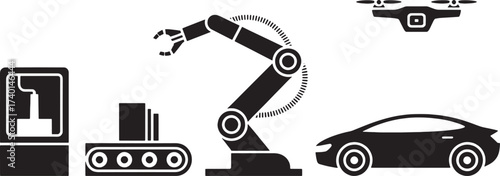 Black icons of 3d printer conveyor belt robotic arm drone and electric car vector