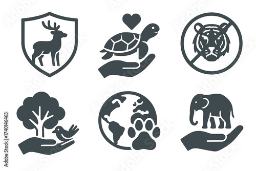 Animal and wildlife protection icon set. Vector black symbols of conservation and ecology