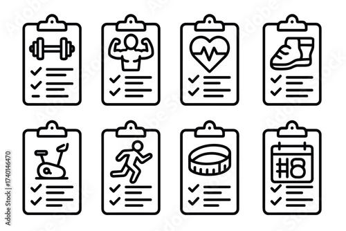Fitness and workout checklist icon set. Vector black symbols of exercise tracking