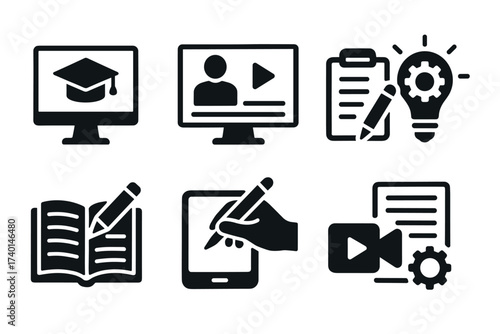 Online education and learning icon set. Vector black symbols of e-learning and knowledge
