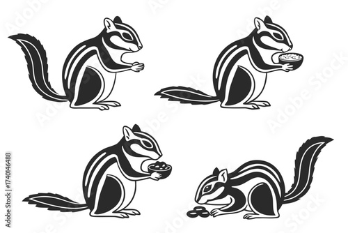 Minimalist chipmunk eating icons set