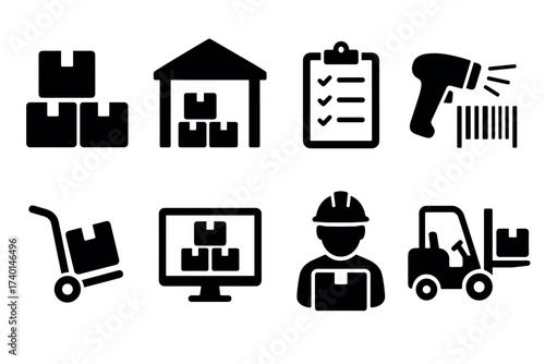 Warehouse and logistics icon set. Vector black symbols of inventory and delivery