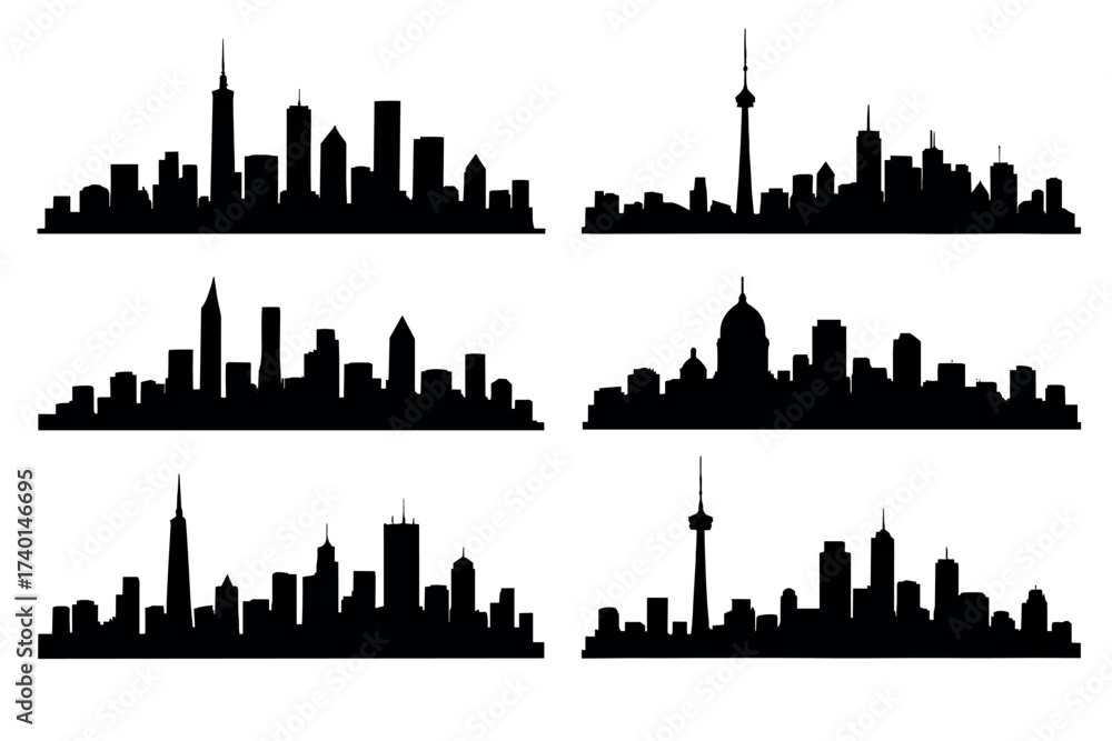 Fototapeta premium Cityscape and skyline silhouette icon set. Vector black shapes of urban buildings and architecture