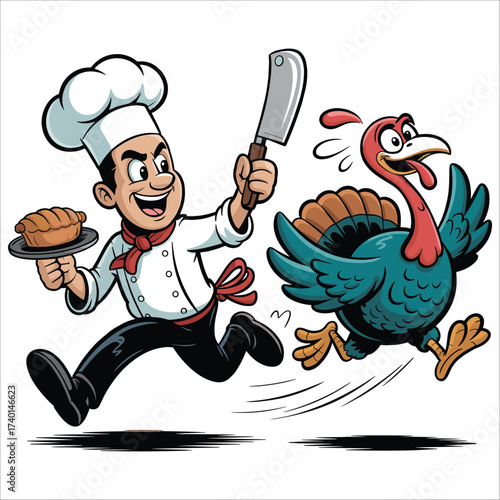 Chef chases turkey holding pie with cleaver thanksgiving dinner holiday celebration