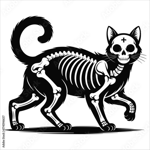 Spooky black cat skeleton walking full body silhouette halloween gothic art