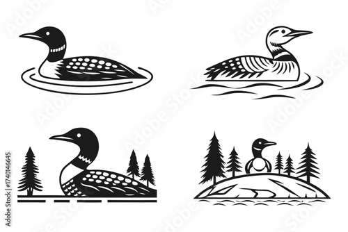 Eight minimalist loon icons in black yellow cyan and magenta