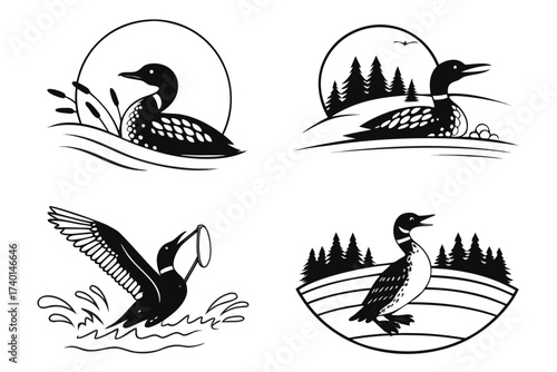 Minimalist icon set featuring eight common loon graphics