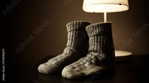 Cozy handknit socks beside a warm lamplight