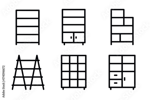Storage and shelf furniture icon set. Vector black line symbols of interior design