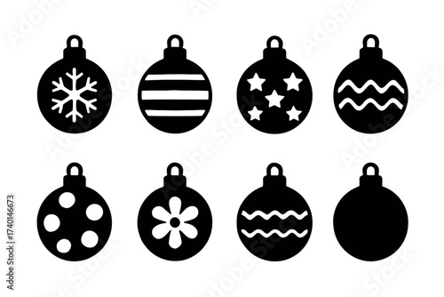 Christmas ornament and bauble icon set. Vector black symbols of holiday decorations