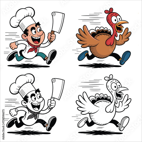 Chef and turkey running cartoon characters for thanksgiving and culinary themes