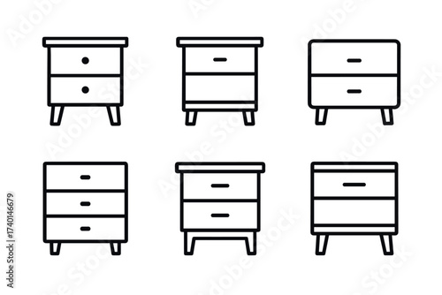 Nightstand and Drawer Icon Set. Vector black furniture symbols of bedside tables, drawers, modern cabinet, and storage glyph illustrations