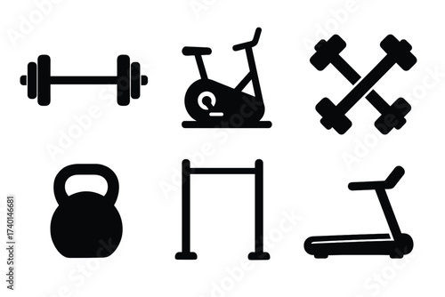 Gym equipment and workout icon set. Vector black symbols of strength and cardio training