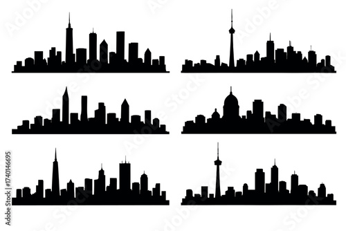 Cityscape and skyline silhouette icon set. Vector black shapes of urban buildings and architecture
