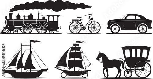 Black silhouette collection of historical and modern transportation modes steam train smoke