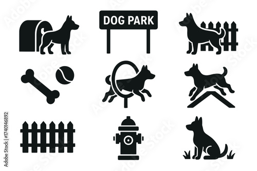 Dog park and play area icon set. Vector black symbols of pet activities and training